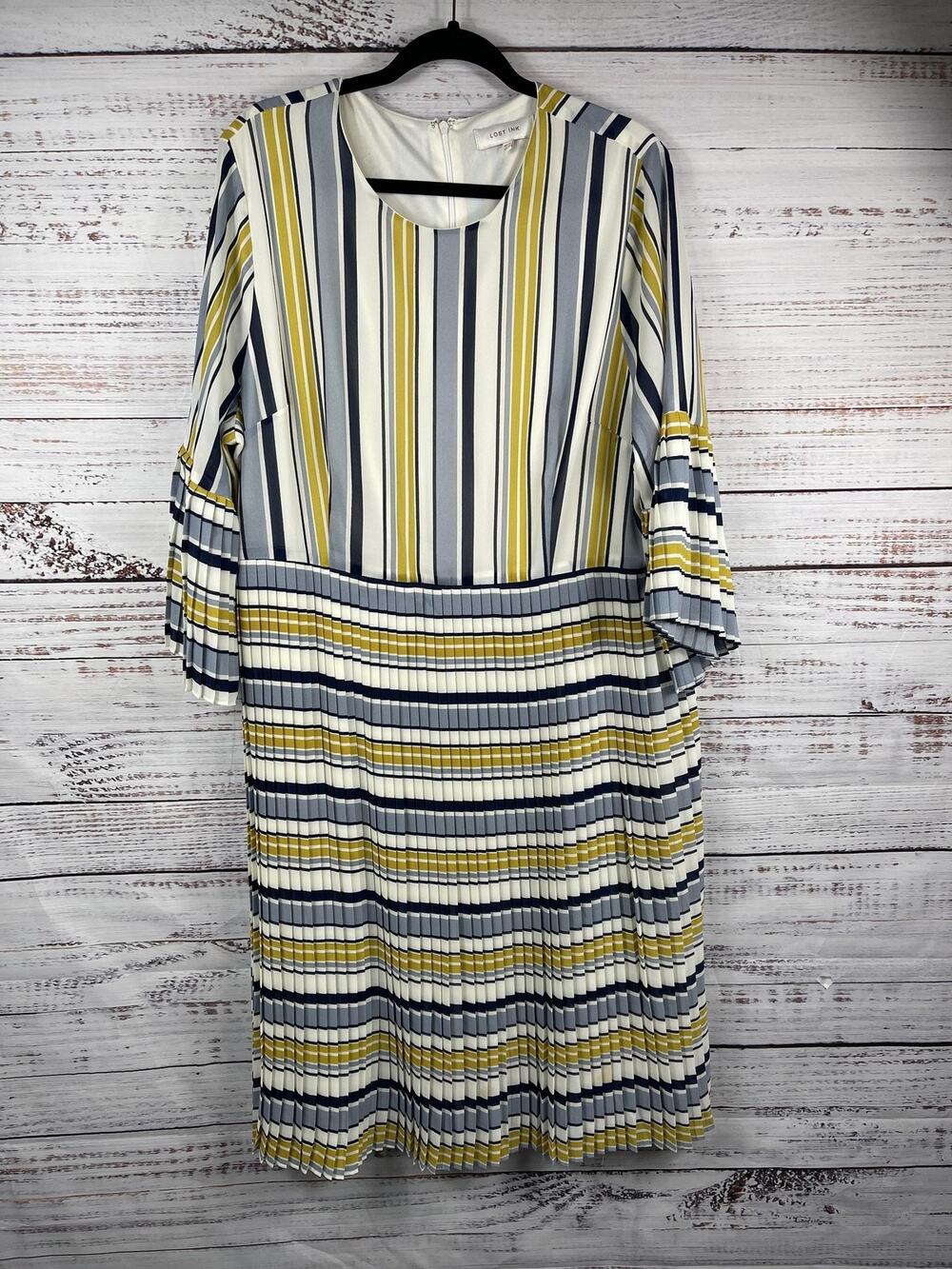 Lost Ink Dress Women's 20 Multicolor Stripe Pleated Bell Sleeve Midi Plus Size